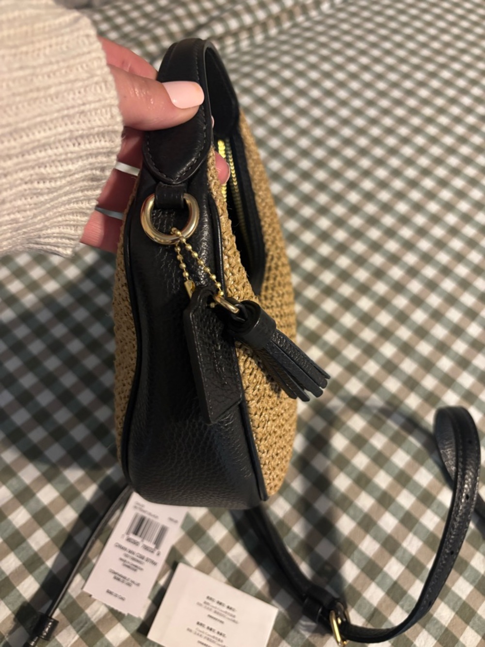 Coach Straw and Black Leather Crossbody Bag with Gold Chain - Picture 2 of 9